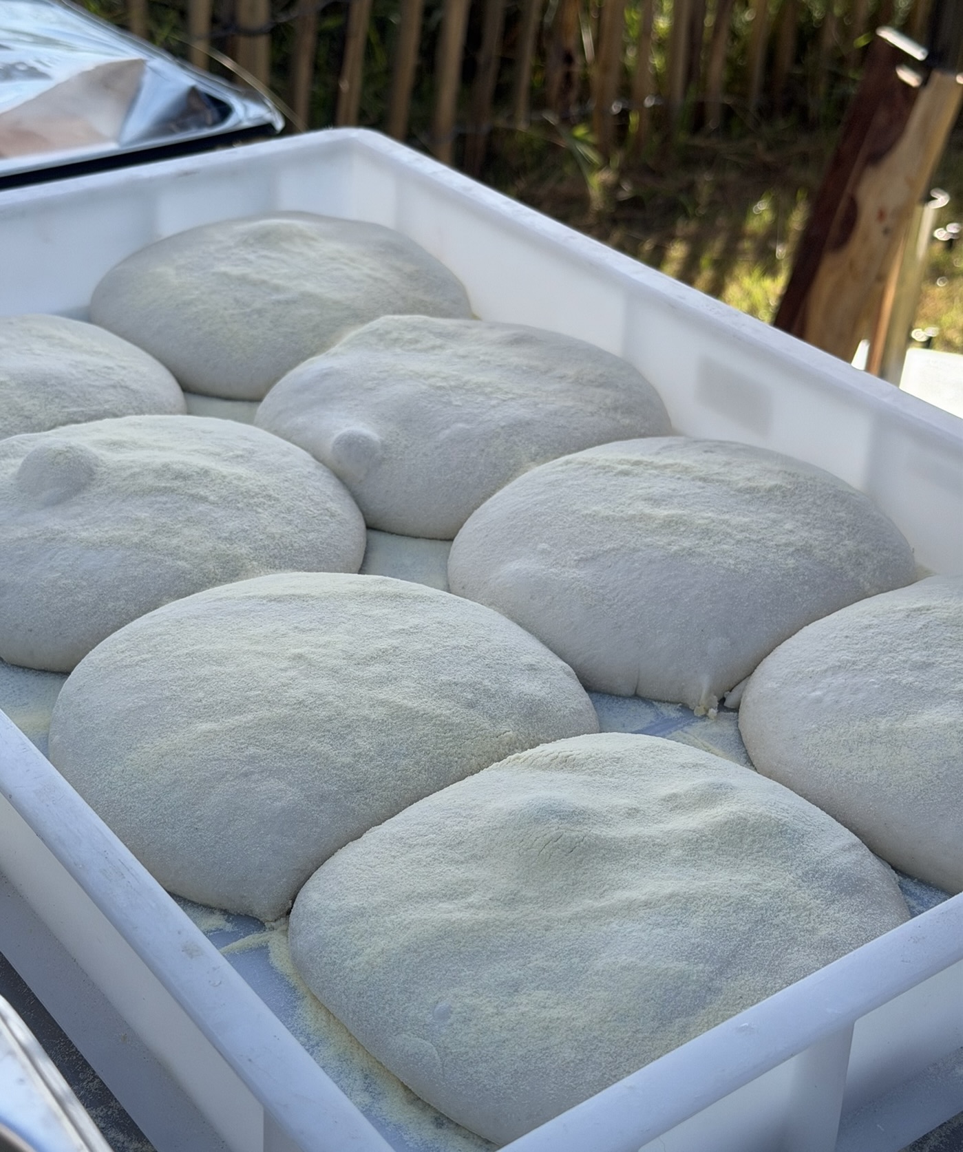 Verse pizzadeegbollen in een deegbak