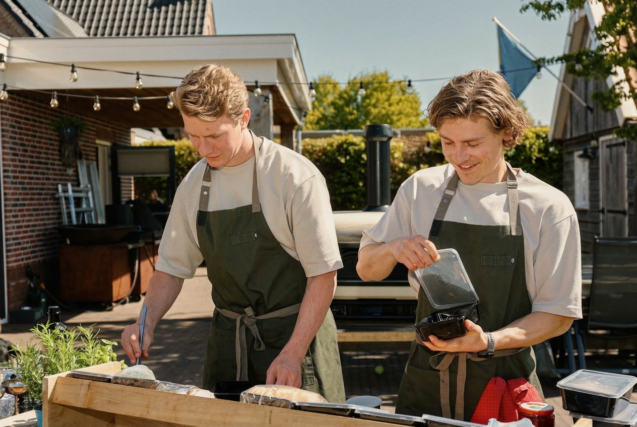 Joep en Renz bereiden gerechten bij de pizzaoven